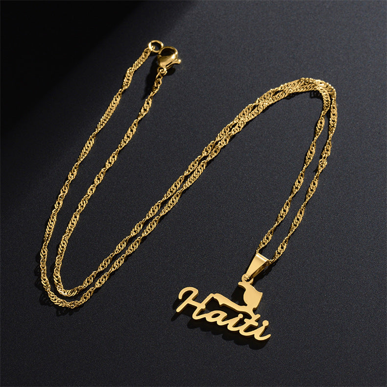 Haitian Map Pendant Necklace Gold Glossy Geometric