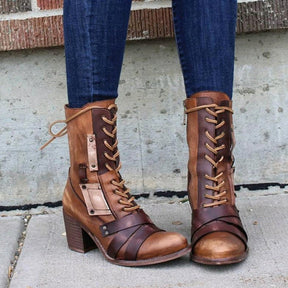 Retro Shoes Lace-up Western Boots Chunky Mid Heel Cowboy Boots