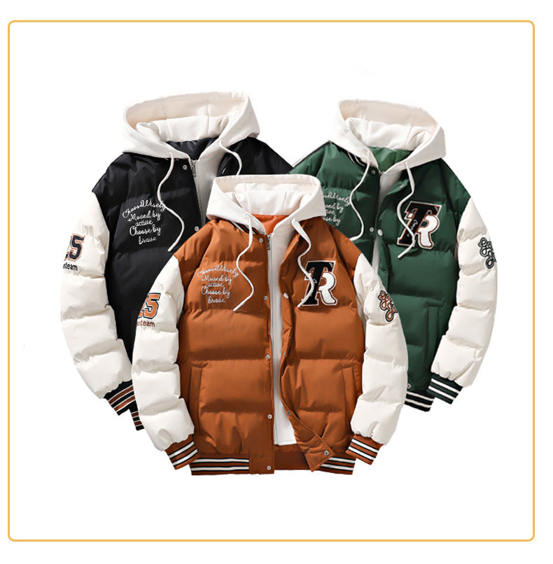 Men's Winter Coat Fake Two-piece Hooded Letter-print Bread Coat