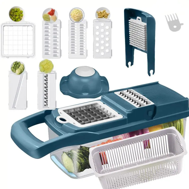 Kitchen Gadgets Vegetable Chopper with Container Set, Multifunctional Manual Vegetable Chopper Set, Portable Fruit & Vegetable Washing Drain Basket Set, Summer Stuff, Kitchen Accessories