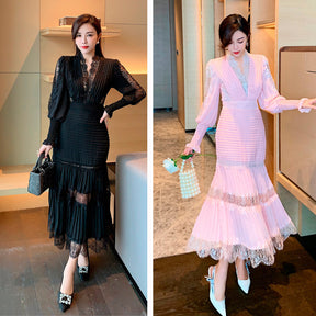 V-neck Lantern Sleeves And Lace Pleated Long-sleeved Dress