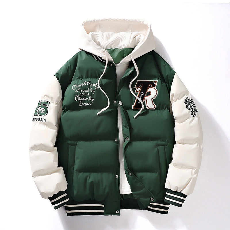 Men's Winter Coat Fake Two-piece Hooded Letter-print Bread Coat