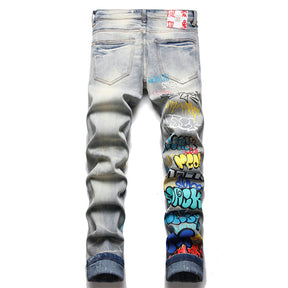 Punk Trendy Retro Blue Ripped Slim Elastic Printing Printing And Dyeing Feet Men's Jeans