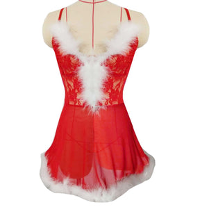 Sexy See-through Christmas Lace Plush Slip Nightdress