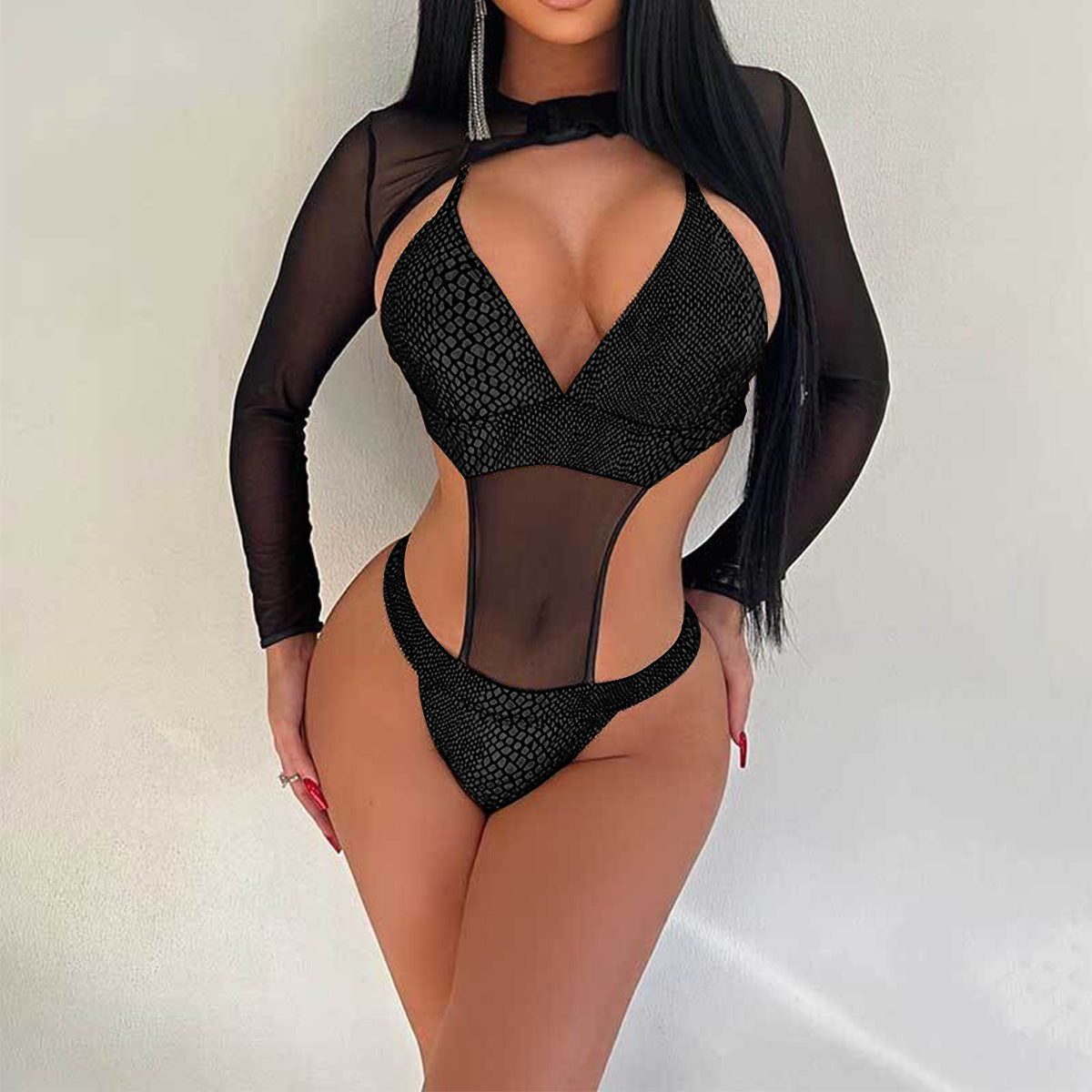 Women's One-piece Bikini Long Sleeve Mesh