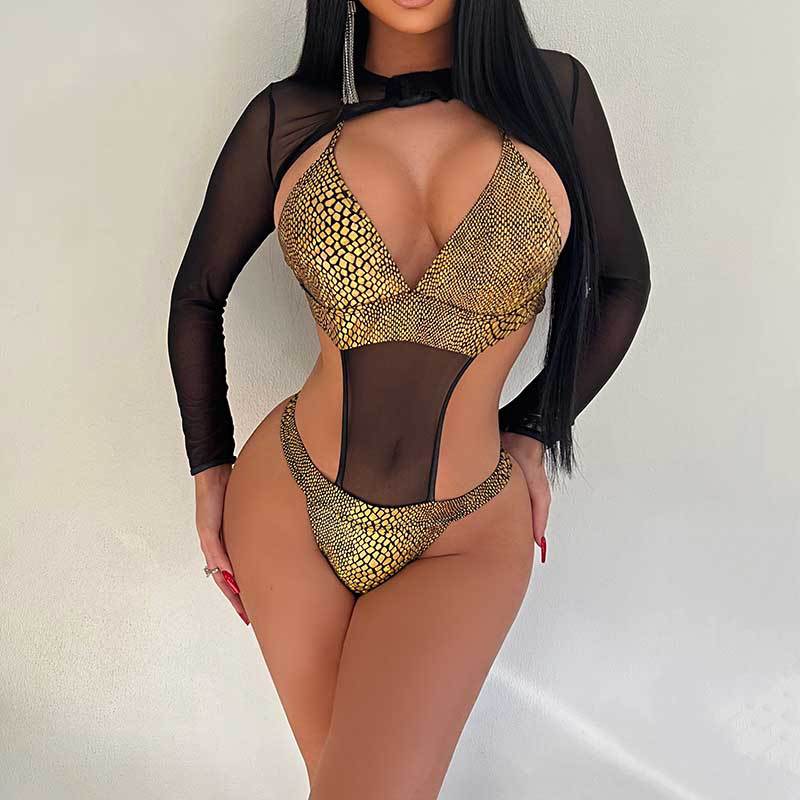 Women's One-piece Bikini Long Sleeve Mesh