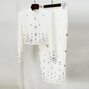 Fashion New Heavy Industry Beads Diamond Inlaid Short Top Long Skirt Suit