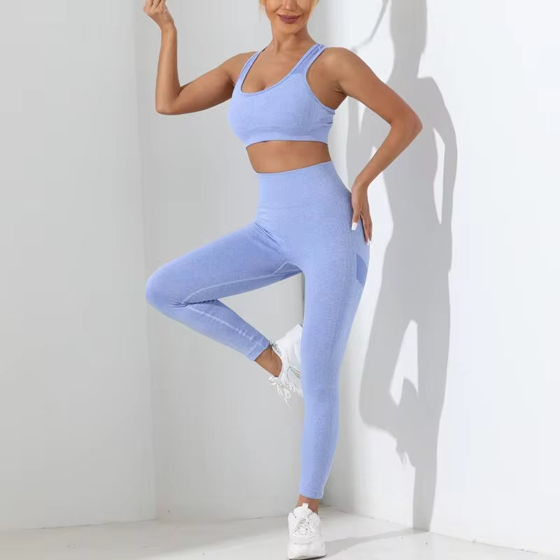 Yoga Basic 2Pcs Seamless High Stretch Yoga Set Tracksuit Gym Set Crisscross Back Cami Hip-Hugging Tummy Control Leggings